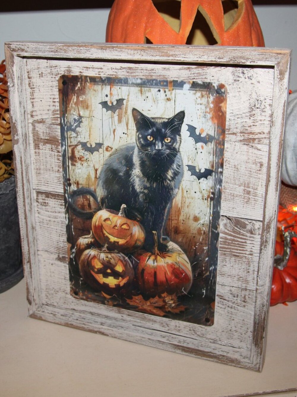 NEW Black Cat on Jack-O-Lantern with Bats Rustic Farmhouse Halloween Wall Decor